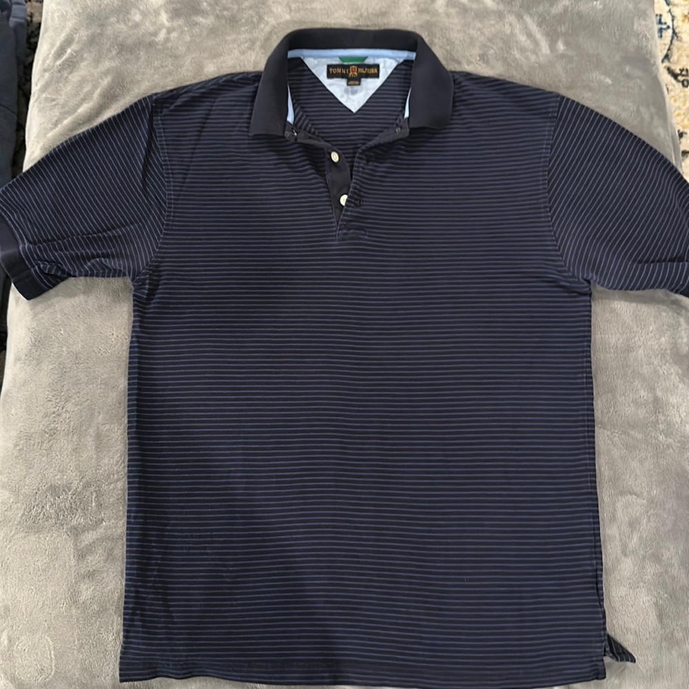 Mens Tommy polo. Size M, blue with stripes.
